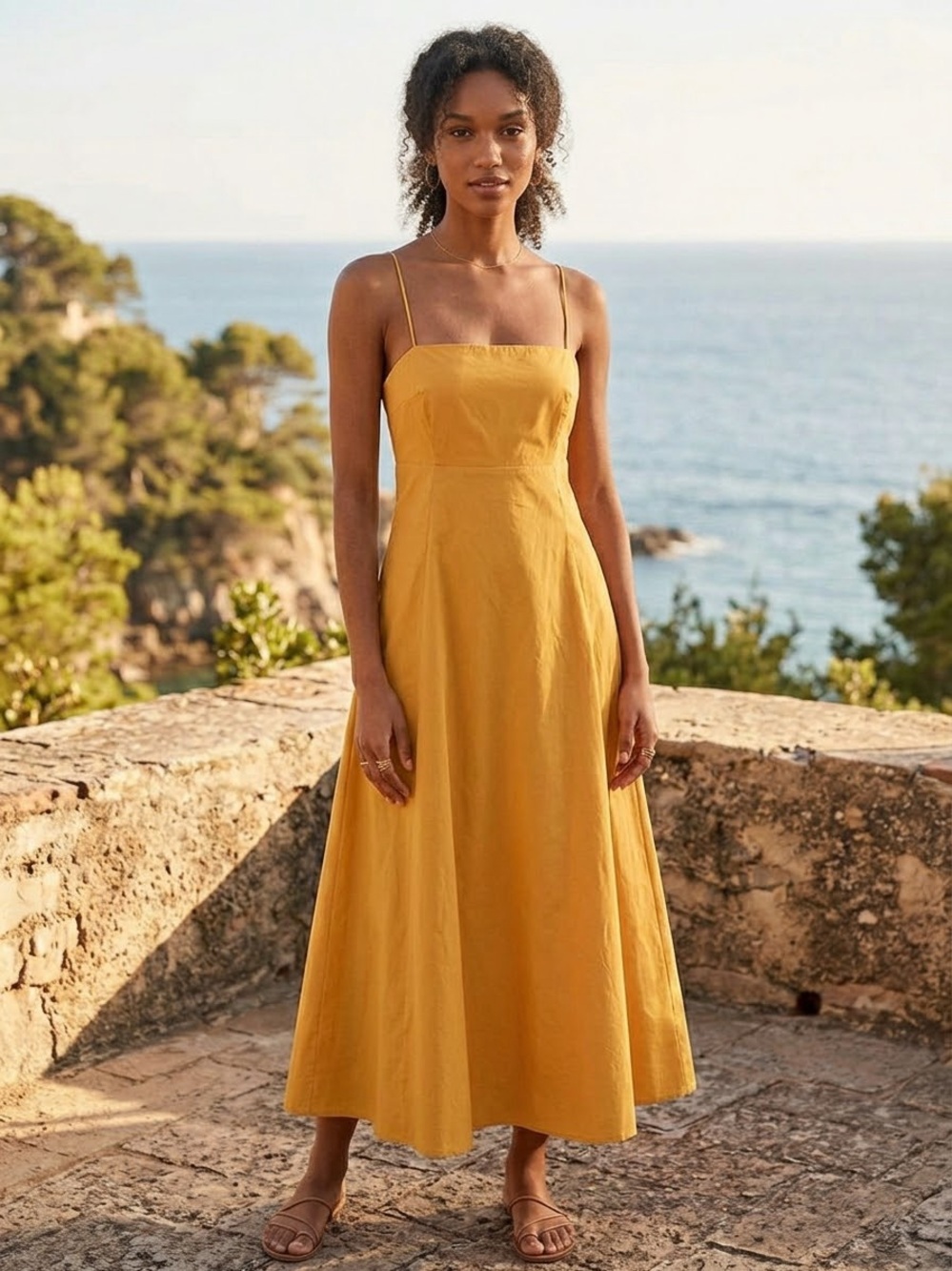 En Saison Spaghetti Strap Mustard Yellow Midi Dress